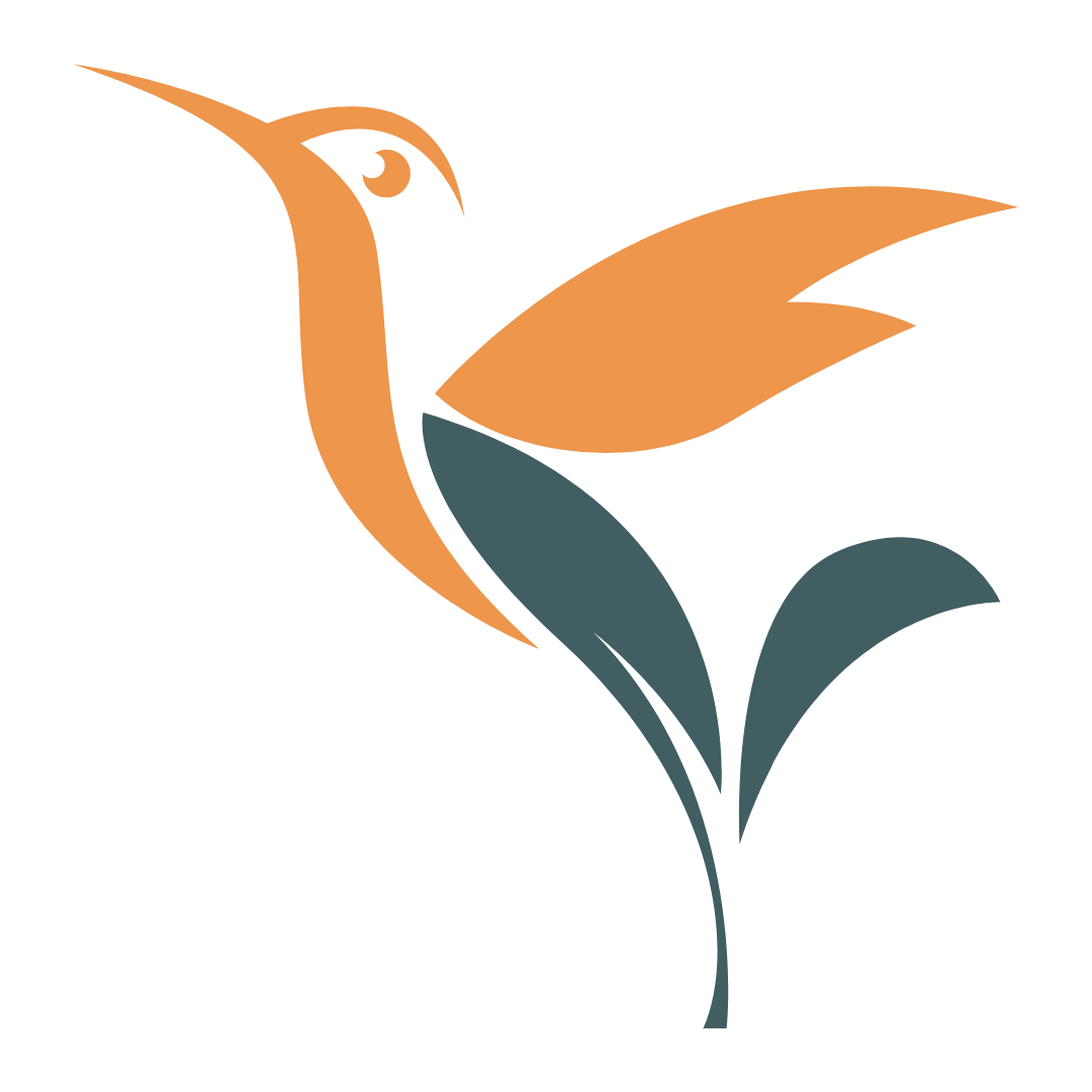 Stylized hummingbird logo with orange wings and head, and teal body and leaves on a white background.
