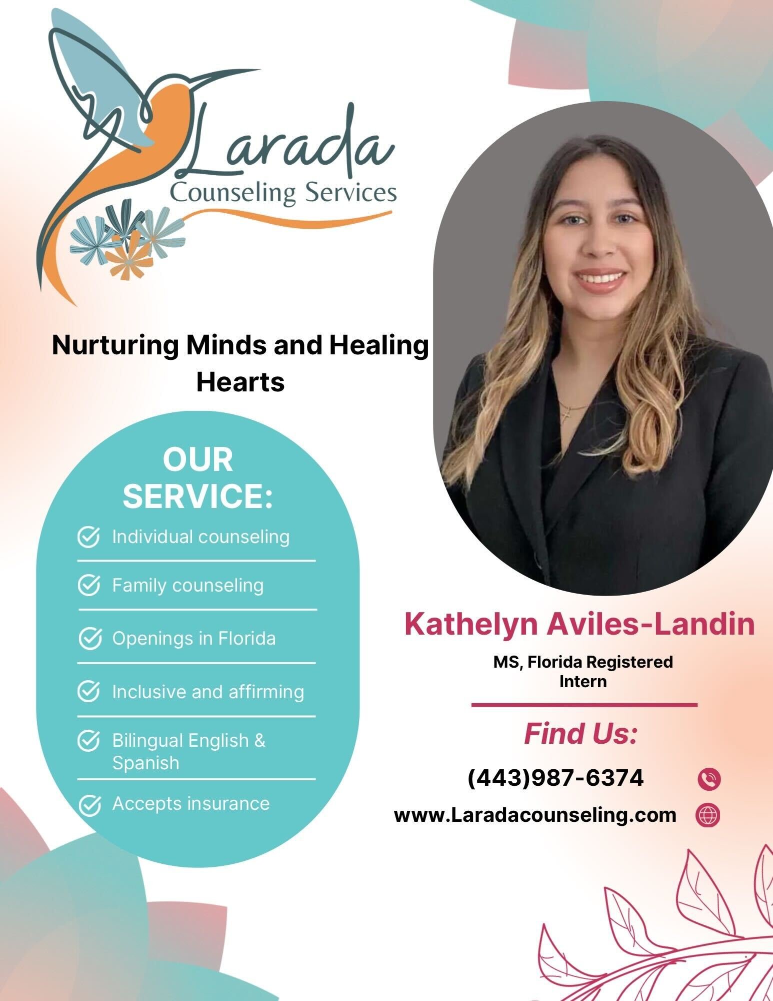 Flyer for Larada Counseling Services with contact info, featuring Kathelyn Aviles-Landin and services like individual and family counseling.